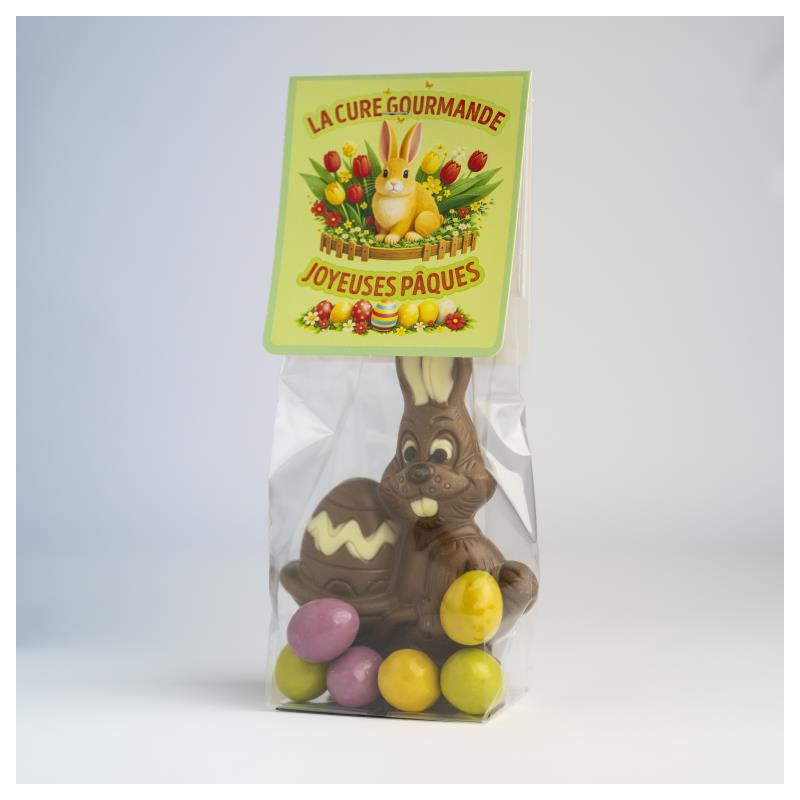 SACHET 100G LAPIN BROUETTE CHOC LAIT ET SES OEUFS COLORES